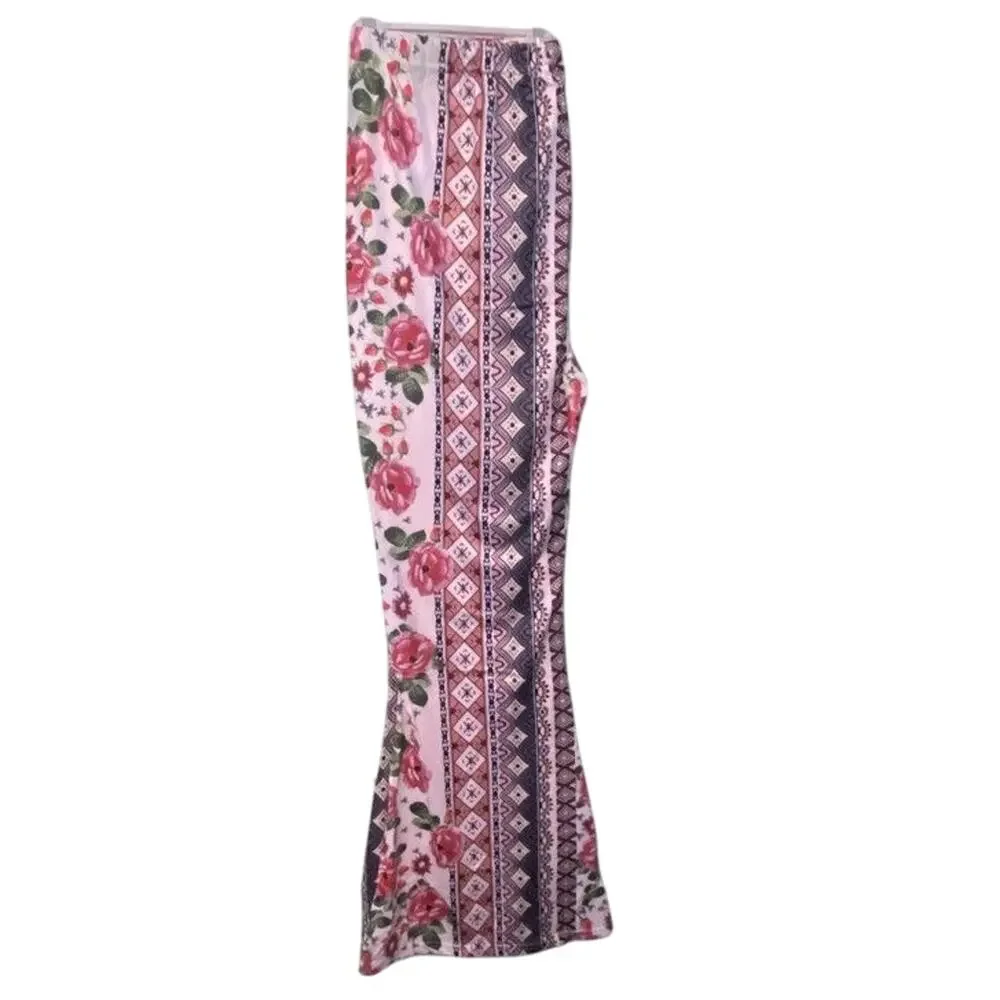Flare Stretch Pants Junior 3X Floral Garden Yoga Hippie Festival Allover Print